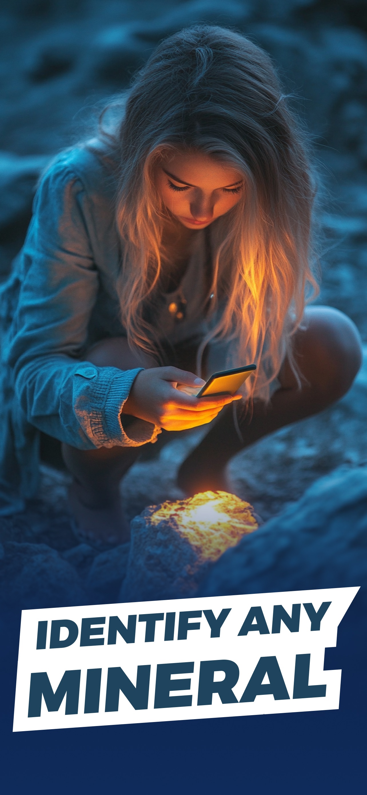 Woman using the Mineral Identifier AI app to identify a glowing mineral outdoors